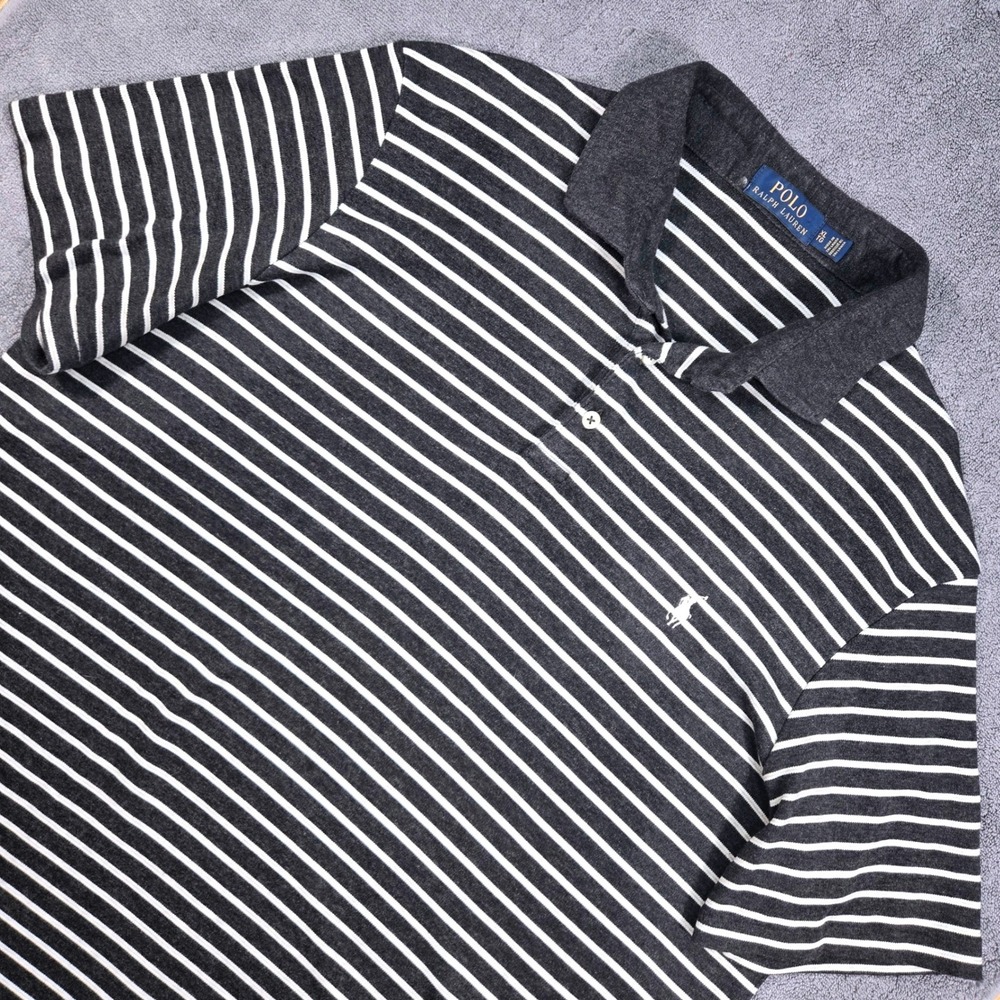 Polo Ralph Lauren Polo Shirt Mens XL Grey White Striped Excellent Short Sleeve